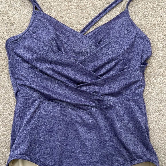 Lands' End Cross Back V Neck Ruched Purple Shimmer One Piece Swimsuit Size 12 - Picture 2 of 7